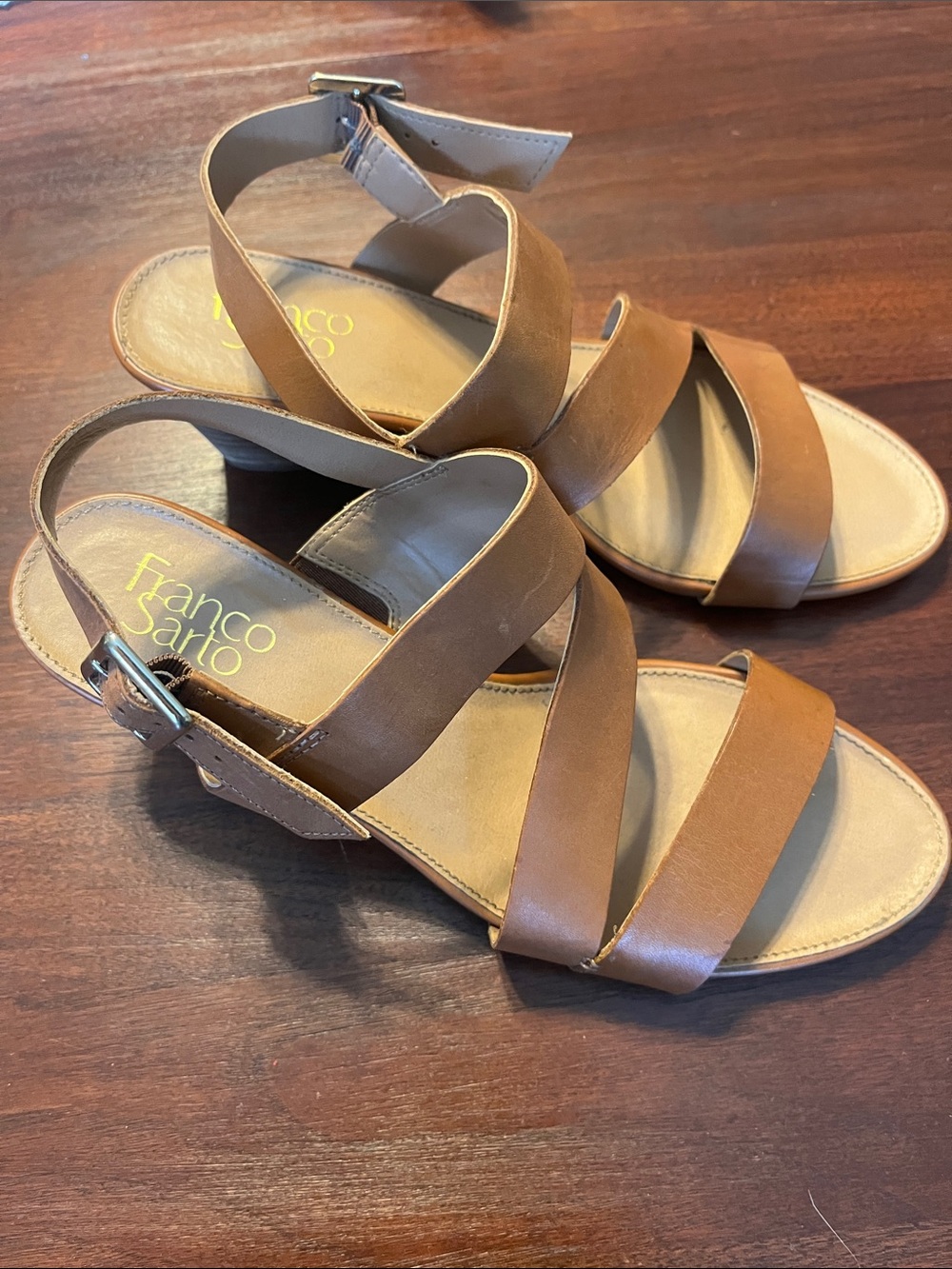 Franco Sarto Cognac Leather Cross-Strap Sandals